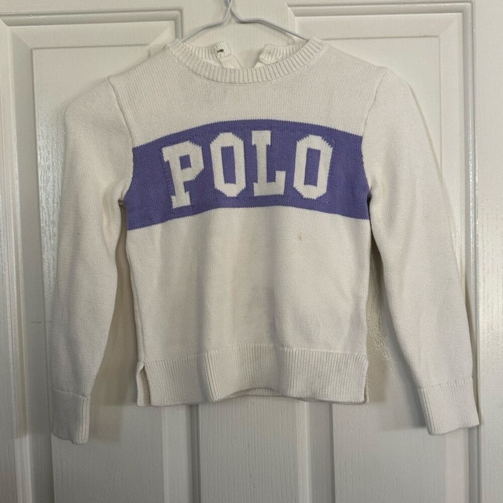 Polo Ralph Lauren Sweater Girl Spell Out Striped Knit White Purple Size 6